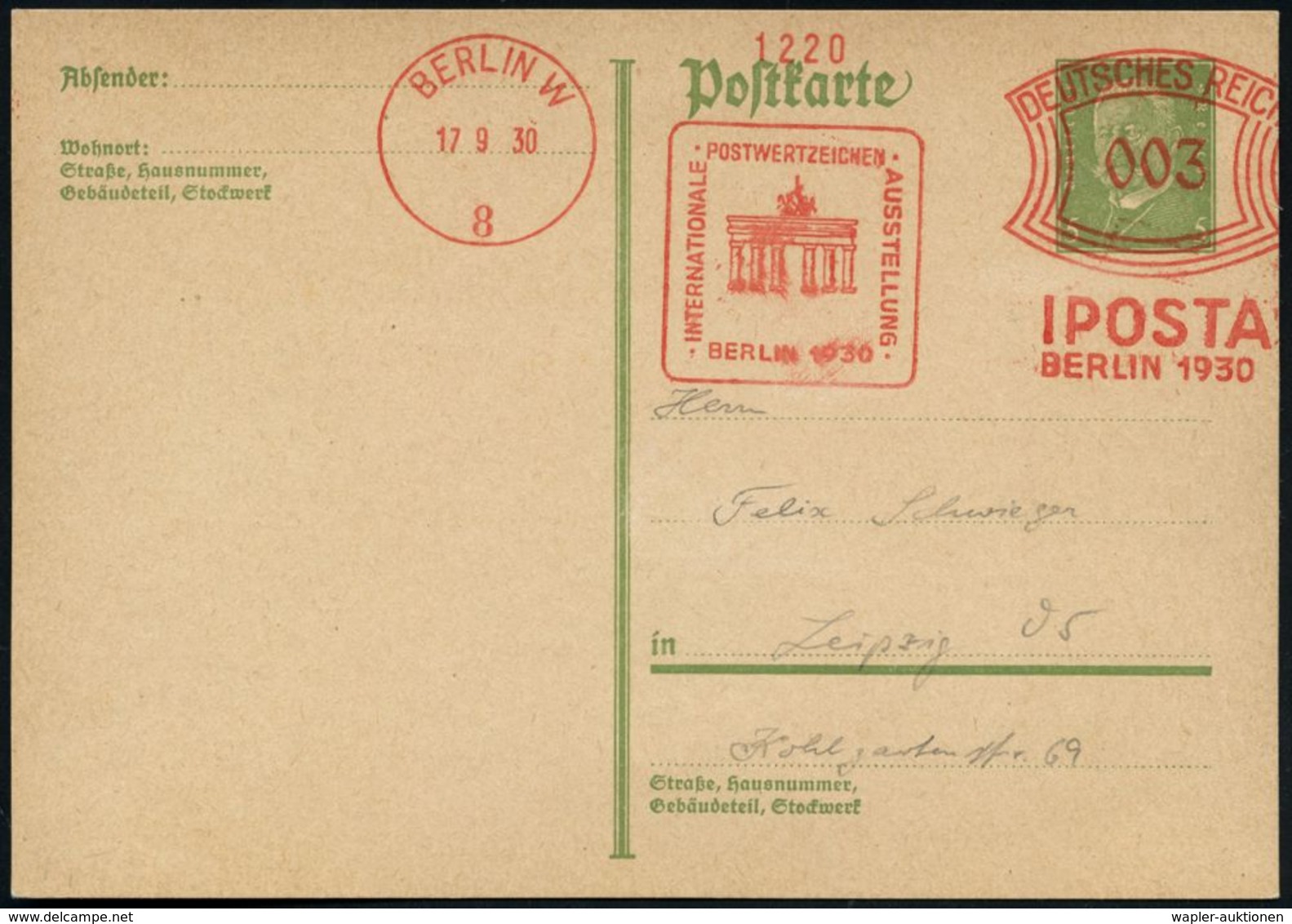 BRANDENBURGER TOR - EIN DEUTSCHES SYMBOL : BERLIN W/ 8/ IPOSTA/ BERLIN.. 1930 (17.9.) AFS 003 Pf. = Brandenbg.Tor Auf In - Denkmäler