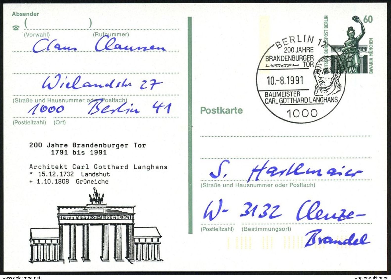 BRANDENBURGER TOR - EIN DEUTSCHES SYMBOL : 1000 BERLIN 12/ 200 JAHRE/ BRANDENBG.TOR/ BAUMEISTER/ C.G.LANGHANS 1991 (10.8 - Monuments