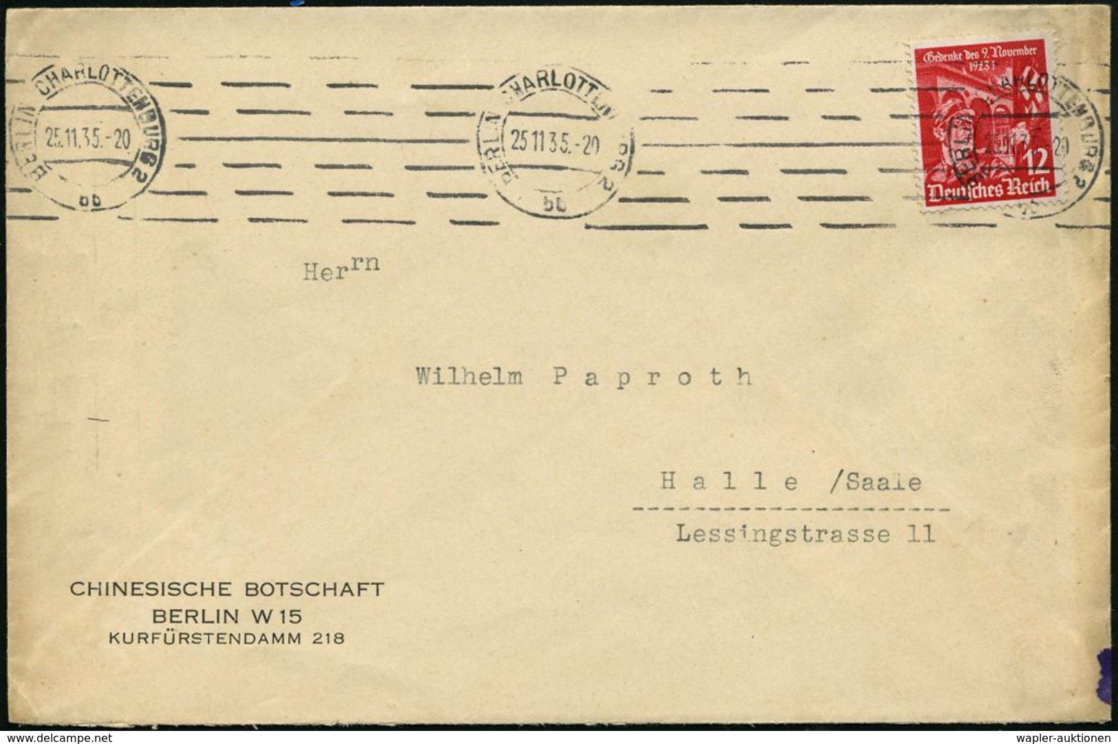DIPLOMATENPOST / BOTSCHAFTEN / BILATERALE BEZIEHUNGEN : Berlin W 15 1935 (25.11.) Dienst-Bf.: CHINESISCHE BOTSCHAFT, BER - Other & Unclassified