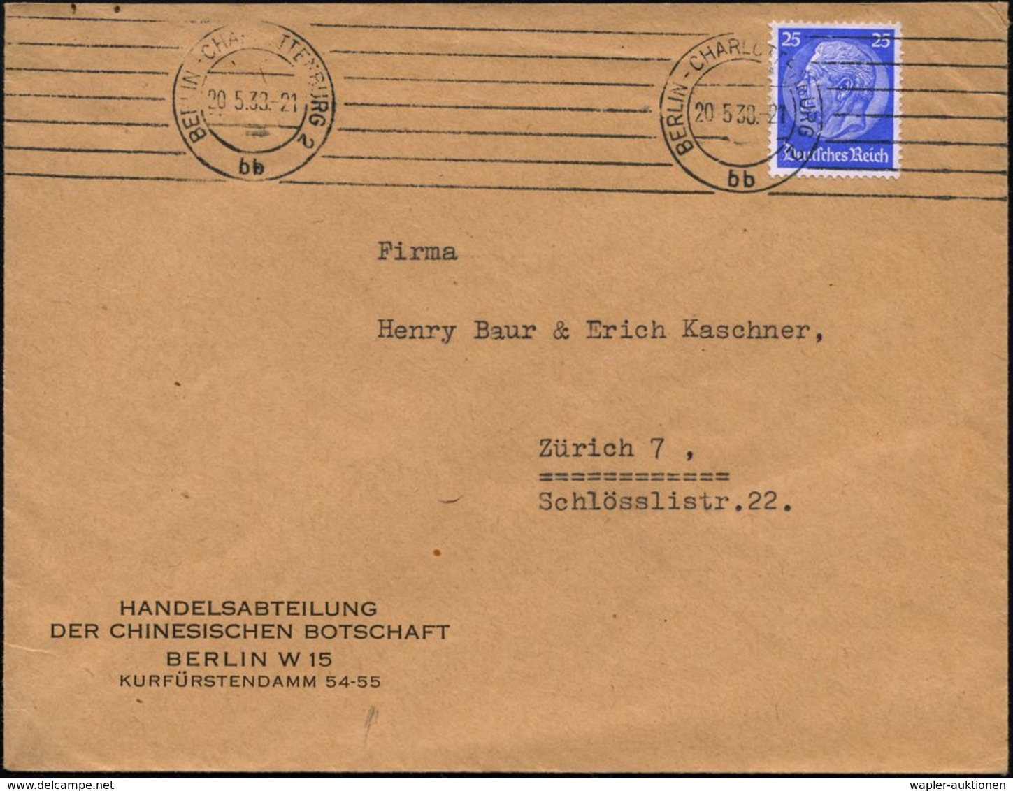 DIPLOMATENPOST / BOTSCHAFTEN / BILATERALE BEZIEHUNGEN : Berlin W 15 1938 (20.5.) Dienst-Bf.: HANDELSABTEILUNG DER CHNINE - Autres & Non Classés