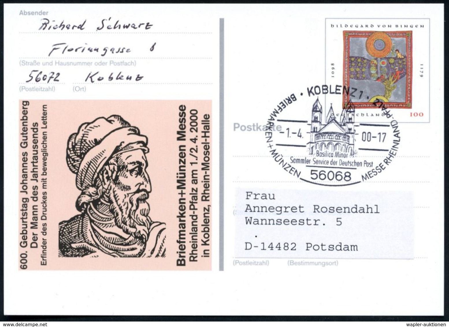 GUTENBERG & DRUCK-PIONIERE : 56068 KOBLENZ 1/ Basilica Minor.. 2000 (1.4.) SSt = Roman. Basilika Auf Sonder-P 100 Pf. "6 - Non Classés