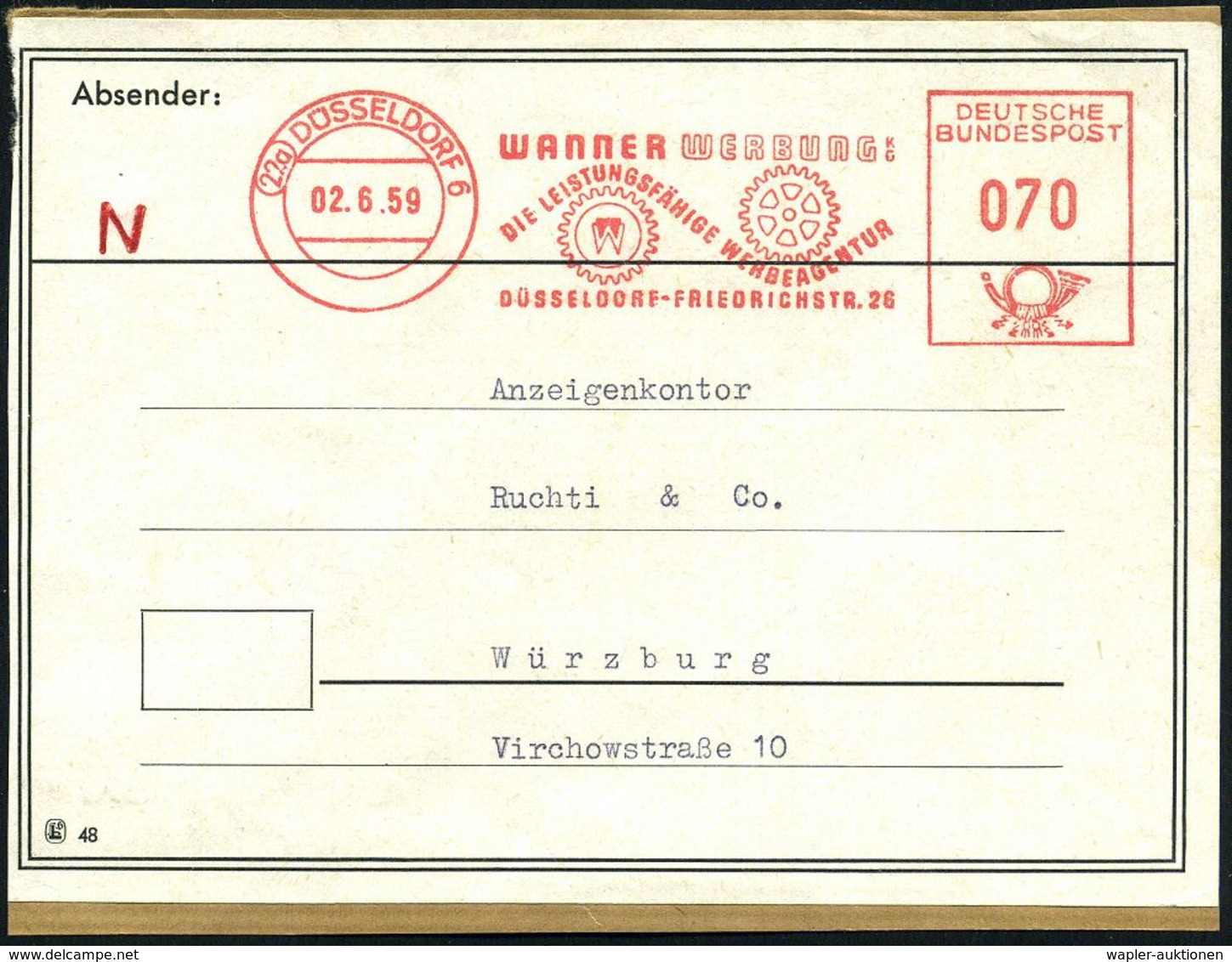 DRUCK / DRUCKTECHNIKEN / DRUCKMASCHINEN : (22a) DÜSSELDORF 6/ WANNER WERBUNG KG.. 1959 (2.6.) AFS 070 Pf. (2 Druck-Zahnr - Ohne Zuordnung
