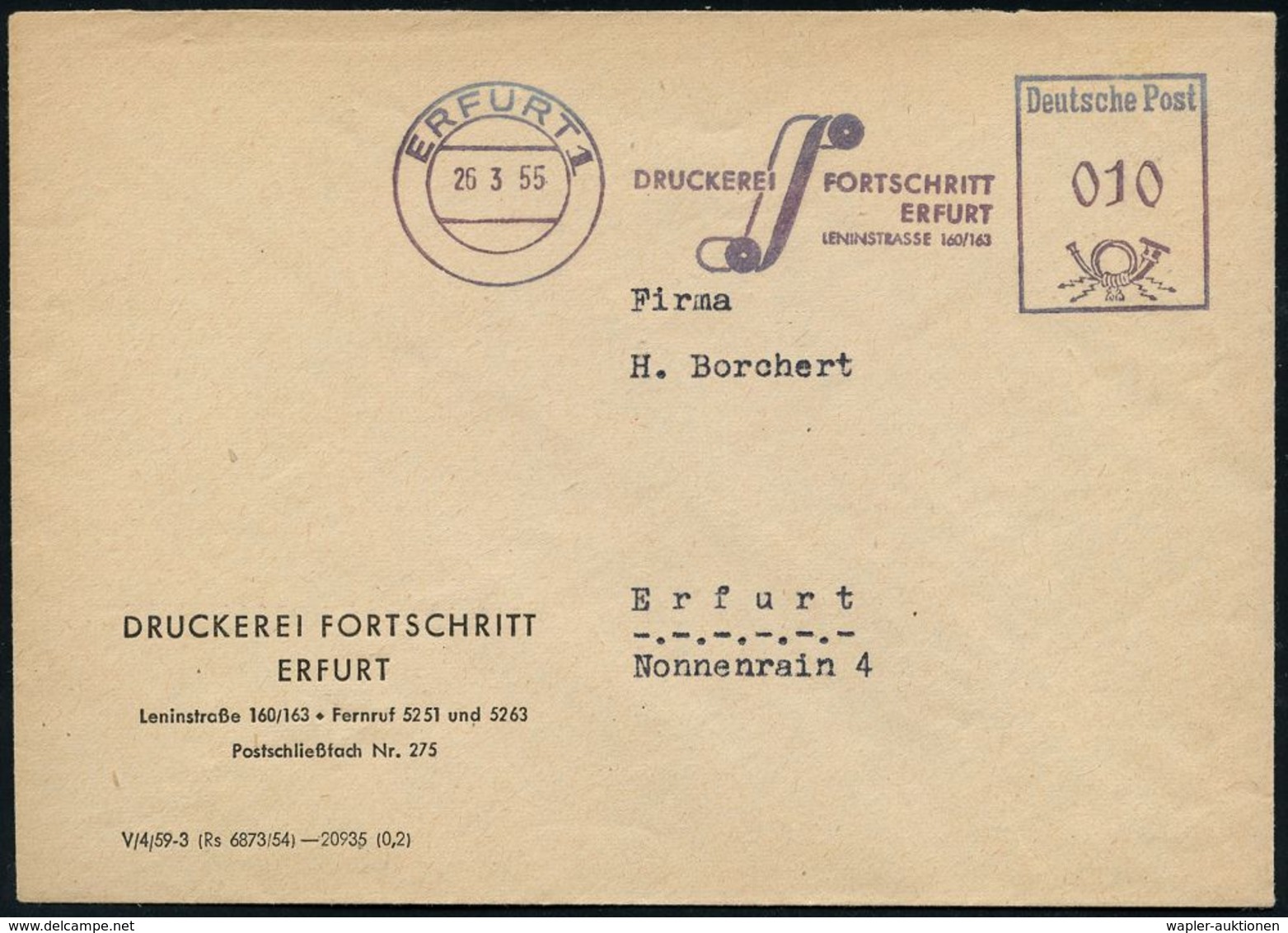 DRUCK / DRUCKTECHNIKEN / DRUCKMASCHINEN : ERFURT 1/ DRUCKEREI FORTSCHRITT.. 1955 (26.3.) Blau-roter AFS (blau = DDR-Dien - Non Classés