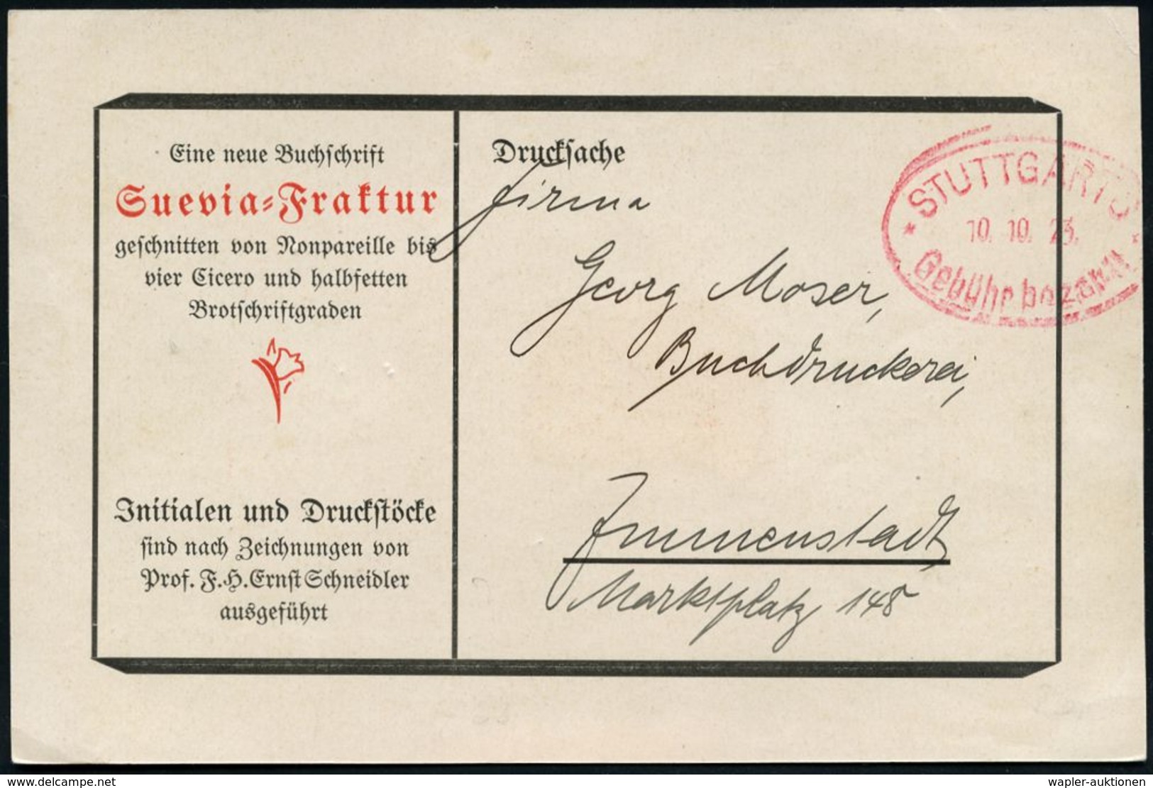 DRUCK / DRUCKTECHNIKEN / DRUCKMASCHINEN : STUTTGART/ *Gebühr Bezahlt* 1923 (10.10.) Seltener Oval-PFS Auf Zweifarbiger R - Unclassified