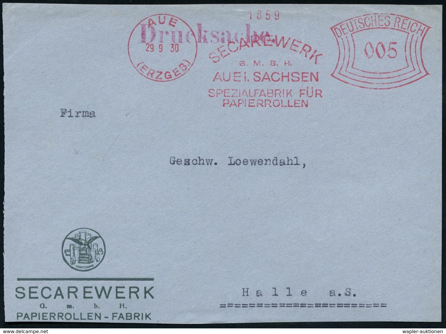 PAPIER / PAPIERVERARBEITUNG / ZELLSTOFF : AUE/ (ERZGEB)/ SECAREWERK/ GMBH/ ..SPEZIALFABRIK FÜR/ PAPIERROLLEN 1930 (29.9. - Non Classés