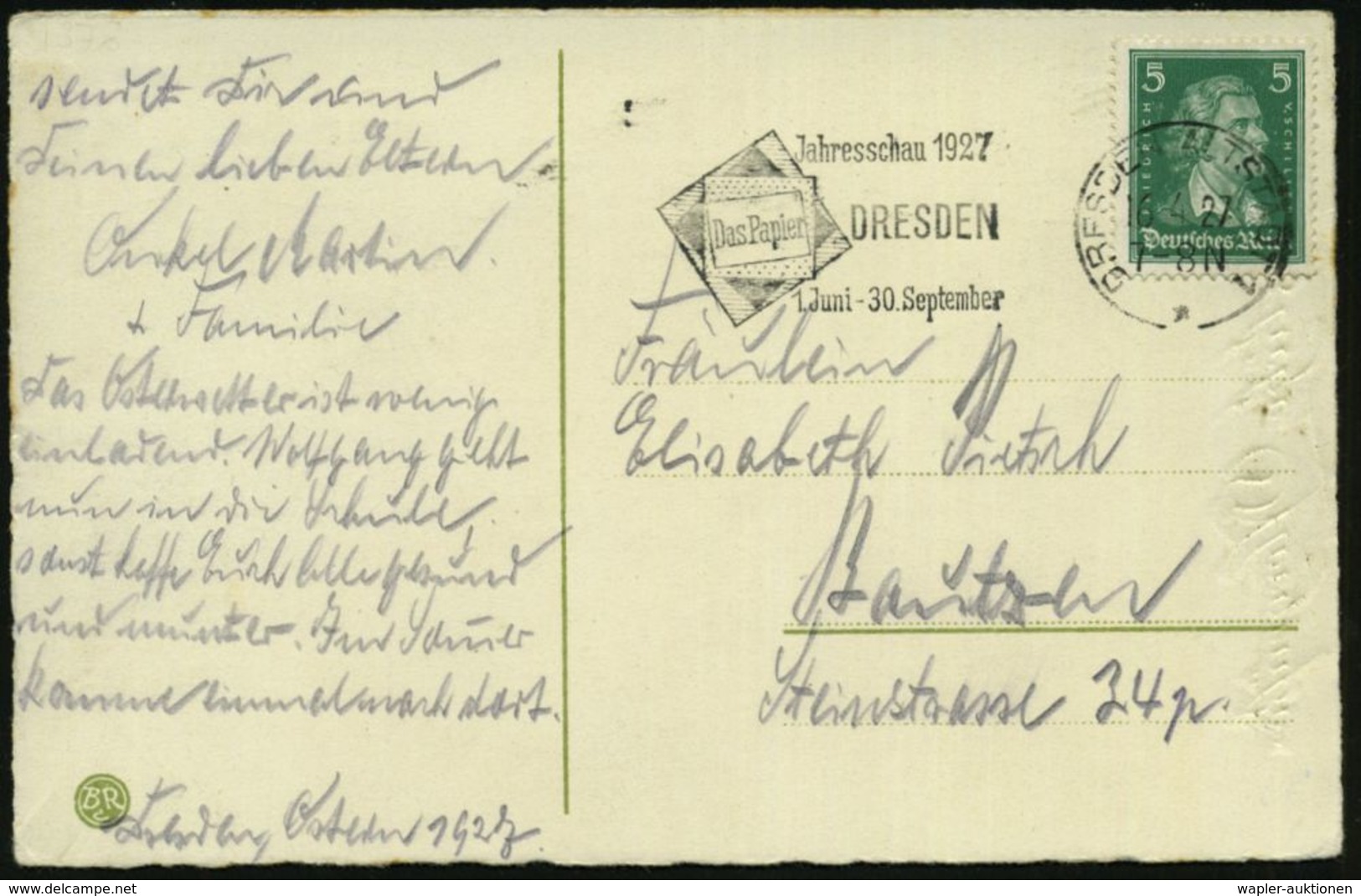 PAPIER / PAPIERVERARBEITUNG / ZELLSTOFF : DRESDEN-ALTSTADT 1/ */ Jahresschau 1927/ Das Papier.. 1927 (16.4.) Seltener MW - Ohne Zuordnung