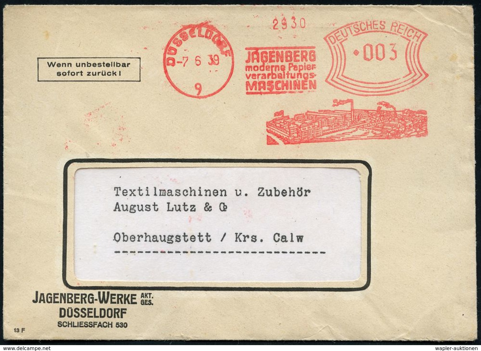 PAPIER / PAPIERVERARBEITUNG / ZELLSTOFF : DÜSSELDORF/ 9/ JAGENBERG/ Moderne Papier-/ Verarbeitungs-/ MASCHINEN 1939 (7.6 - Non Classificati