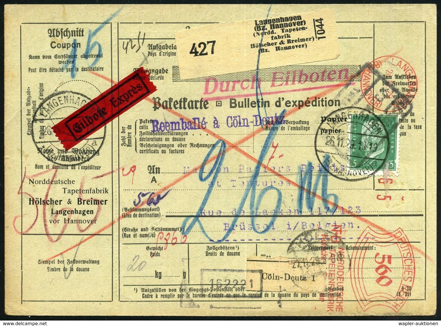 PAPIER / PAPIERVERARBEITUNG / ZELLSTOFF : LANGENHAGEN/ (Bz.HANNOVER)/ NTB/ NORDDEUTSCHE/ TAPETENFABRIK.. 1929 (28.11.) A - Non Classés