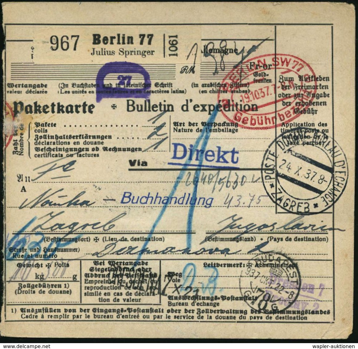 VERLAG / HERAUSGEBER / EDITIONEN : Berlin 77/ Julius Springer 1937 (19.10.) Selbstbucher-Paketzettel + Oval-PFS: BERLIN  - Unclassified