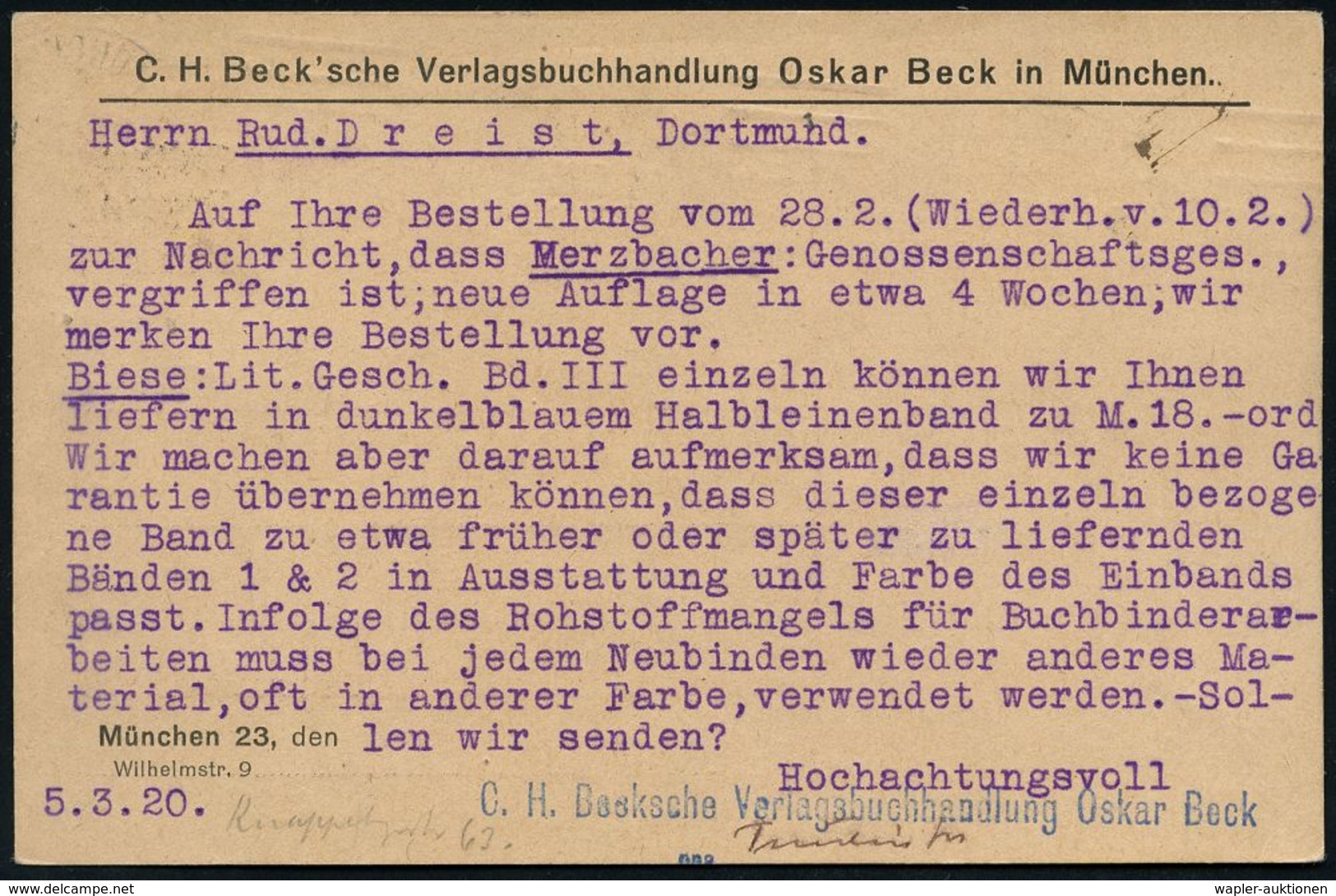 VERLAG / HERAUSGEBER / EDITIONEN : MÜNCHEN/ *2* 1920 (6.3.) BdmaSt Auf Amtl. P 15 Pf. "Freisstaat" +  Rs. Abs.-Zudruck:  - Unclassified