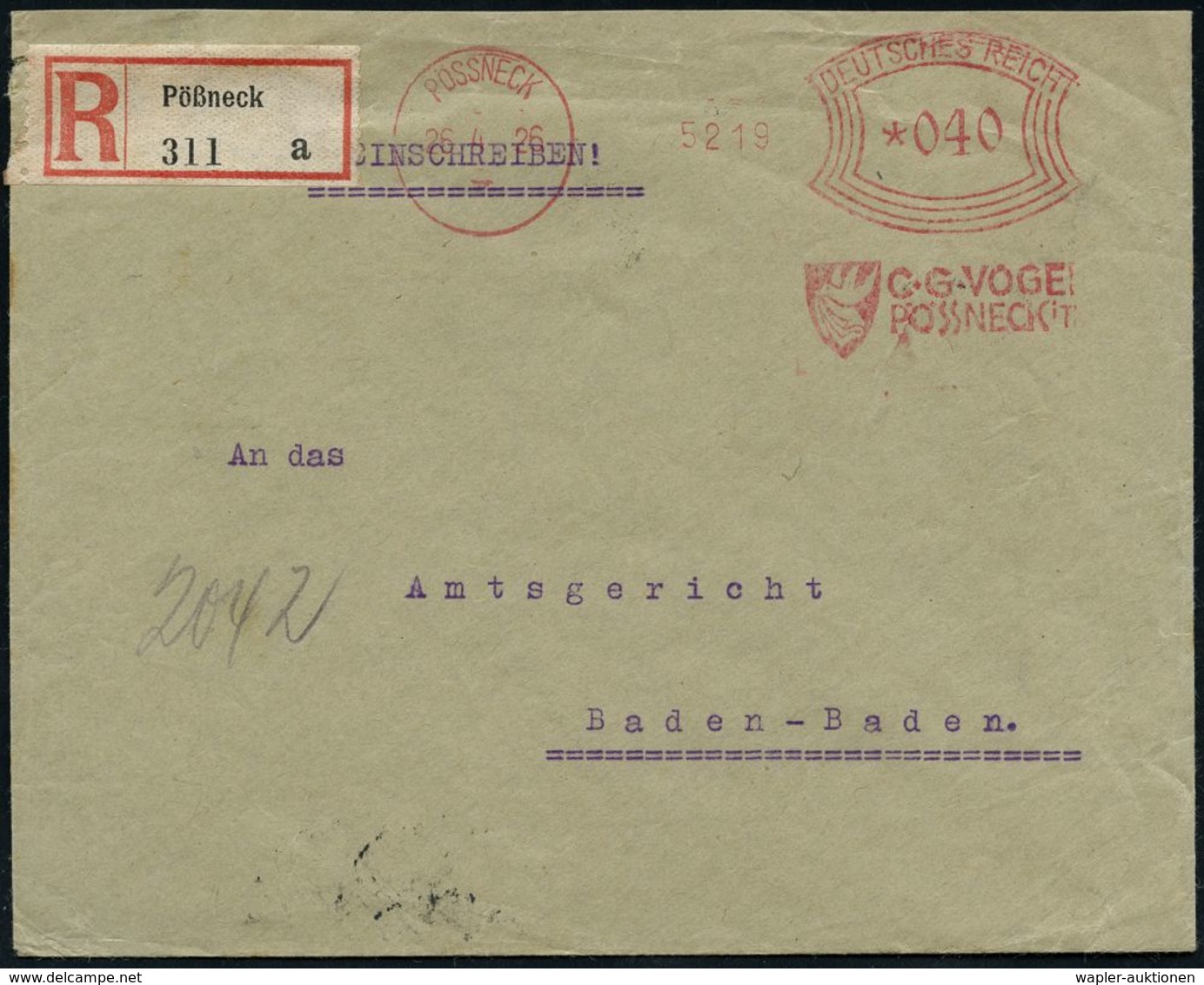 VERLAG / HERAUSGEBER / EDITIONEN : PÖSSNECK/ C.G.VOGEL.. 1926 (26.4.) Früher AFS Franctyp "Bogenrechteck" = Urtype (Firm - Unclassified