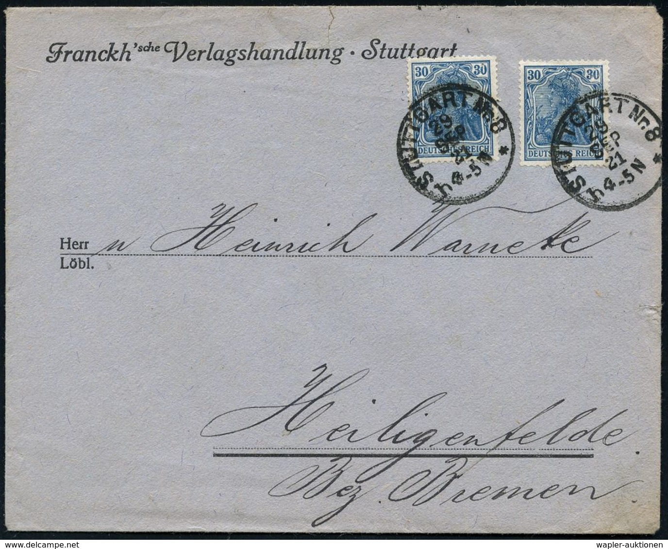 VERLAG / HERAUSGEBER / EDITIONEN : STUTTGART Nr.8/ H* 1921 (29.9.) 1K Auf 2x 30 Pf. Germania Mit Firmenlochung "F V" = F - Non Classés