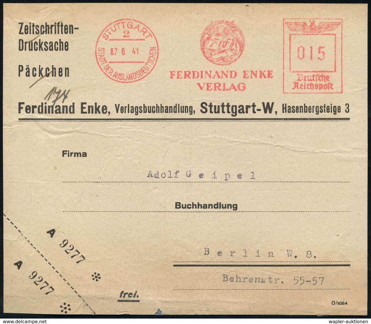 VERLAG / HERAUSGEBER / EDITIONEN : STUTTGART/ 2/ SDA/ FERDINAND ENKE/ VERLAG 1941 (7.6.) AFS 015 Pf. = Flügelhelm, Anker - Unclassified