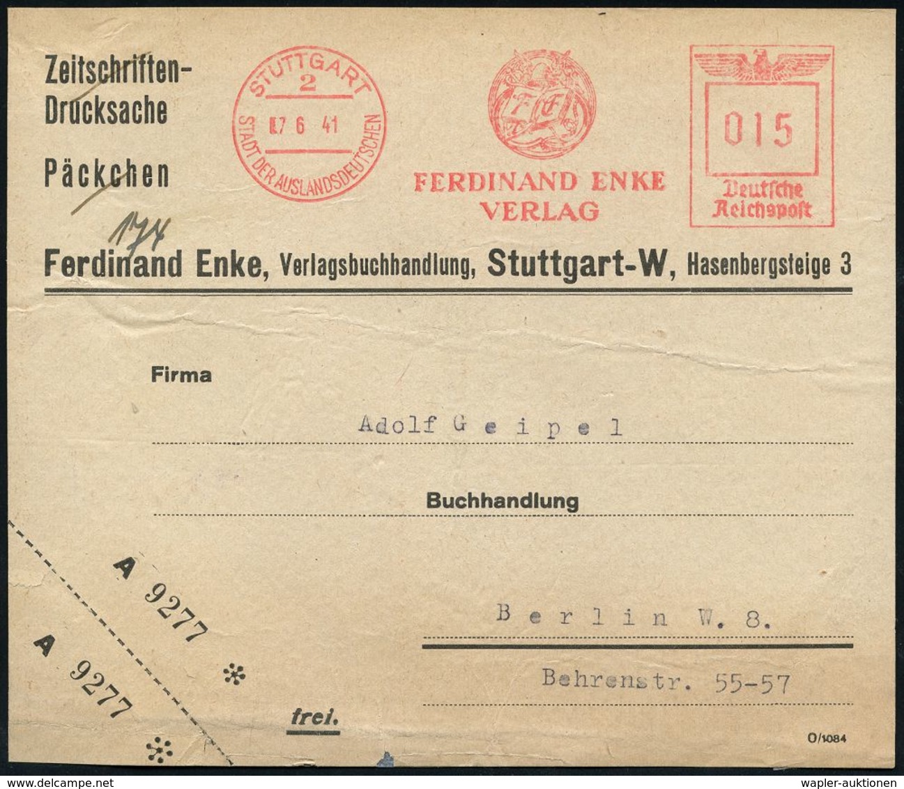 VERLAG / HERAUSGEBER / EDITIONEN : STUTTGART/ 2/ SDA/ FERDINAND ENKE/ VERLAG 1941 (7.6.) AFS 015 Pf. = Flügelhelm, Anker - Non Classés
