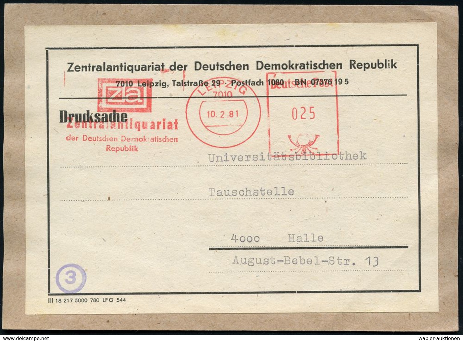 BUCH / BUCHBINDEN : 7010 LEIPZIG/ Z A/ Zentralantiquariat/ Der DDR 1981 (10.2.) AFS Postalia 025 Pf. = 3. Gew.-Stufe Drs - Non Classés