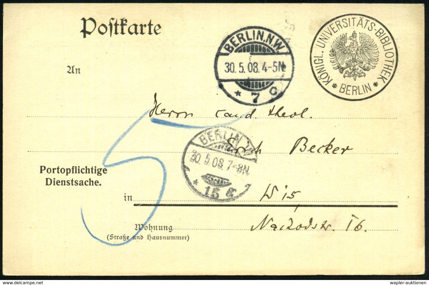 BIBLIOTHEK : BERLIN,N.W./ *7c 1908 (30.5.) 1K-Gitter Auf Dienst-Karte: KÖNIGL. UNIVERSITÄTS-BIBLIOTHEK/BERLIN (Adler) Rs - Unclassified