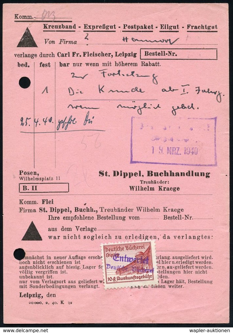 BIBLIOTHEK : Leipzig 1938 (19.3.) Gebührenmarke 10 Pf. "Deutsche Bücherei Leipzig Auskunftsgebühr" (Abb.: Deutsche Büche - Unclassified