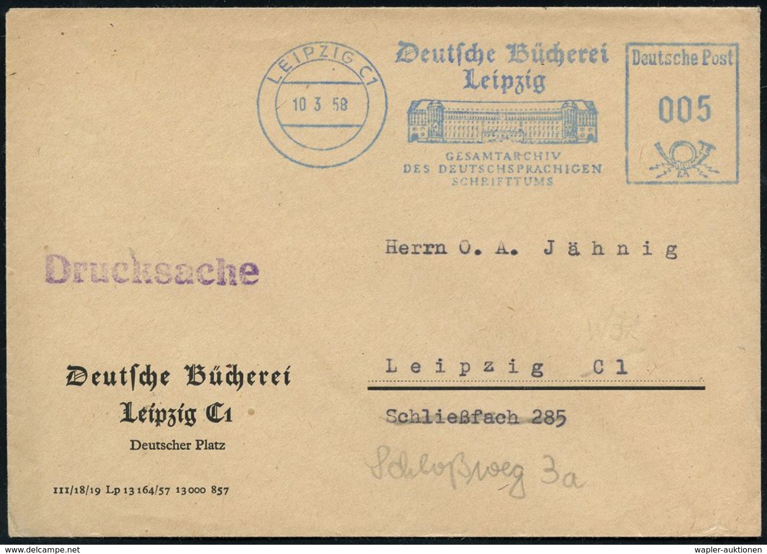 BIBLIOTHEK : LEIPZIG C1/ Deutsche Bücherei/ GESAMTARCHIV/ DES DEUTSCHSPRACHIGEN/ SCHRIFTTUMS 1958 (10.3.) Blauer AFS = D - Non Classés