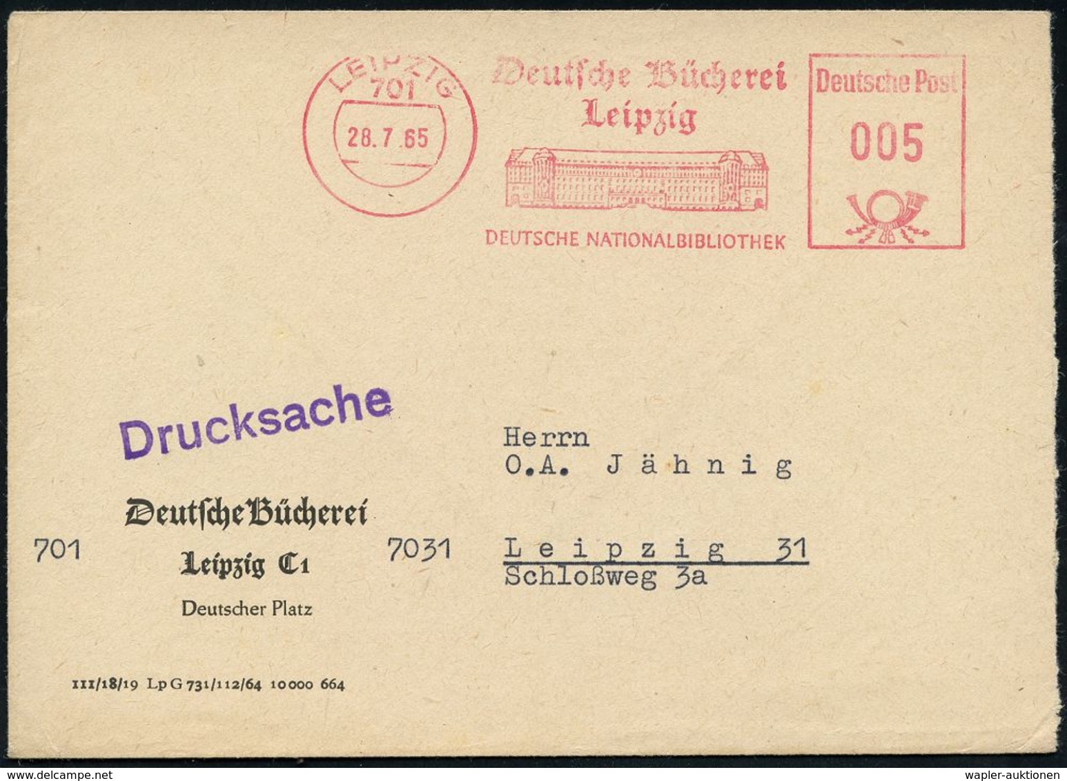 BIBLIOTHEK : 701 LEIPZIG/ Deutsche Bücherei/ DEUTSCHE NATIONALBIBLIOTHEK 1965 (28.7.) Geänderter AFS (Deutsche Bücherei  - Ohne Zuordnung