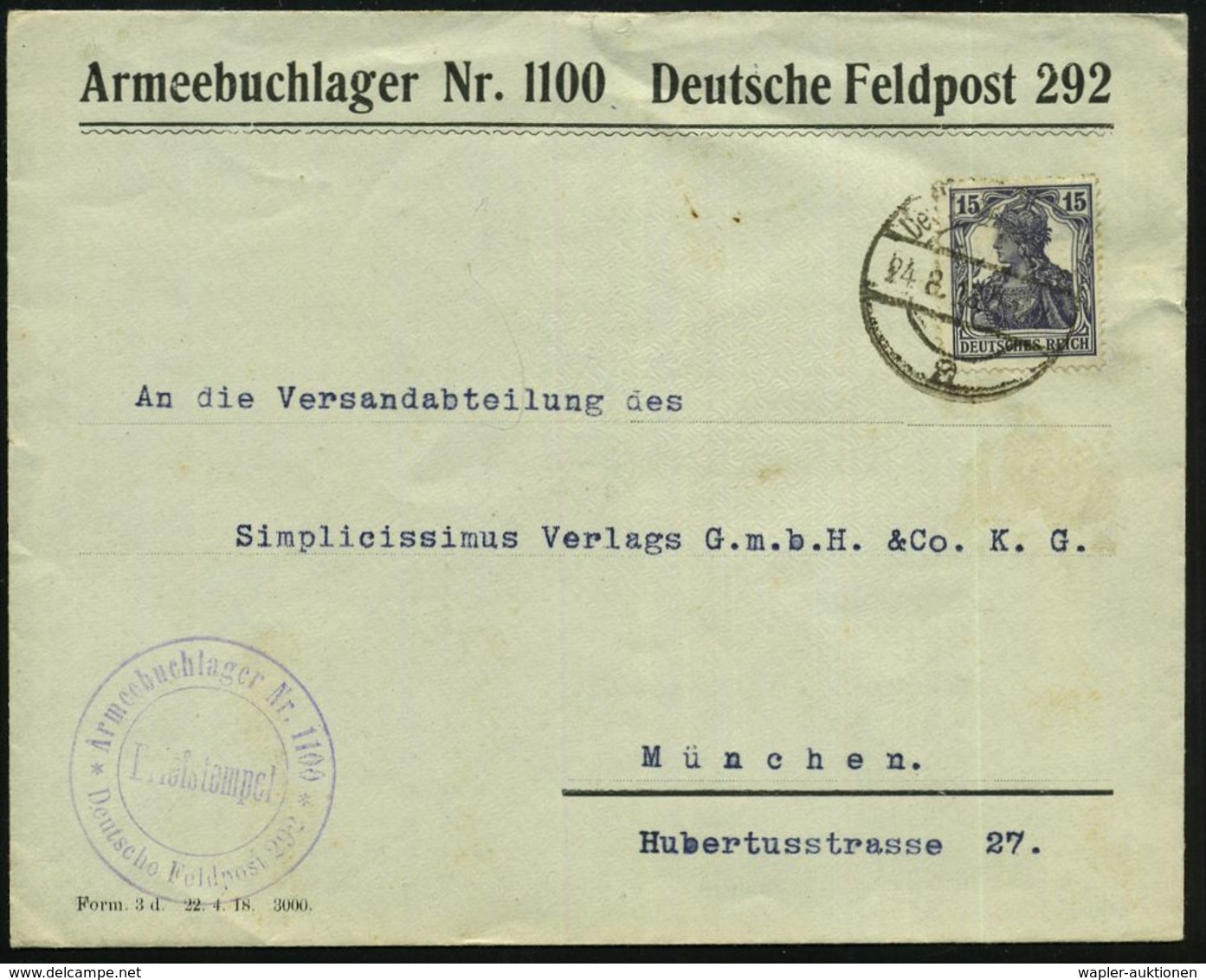 BIBLIOTHEK : DEUTSCHES REICH 1918 (24.8.) 1K-Brücke: Deutsche Feldpost/a = Tarnstempel Auf EF 15 Pf. Germania , Dienst-B - Ohne Zuordnung