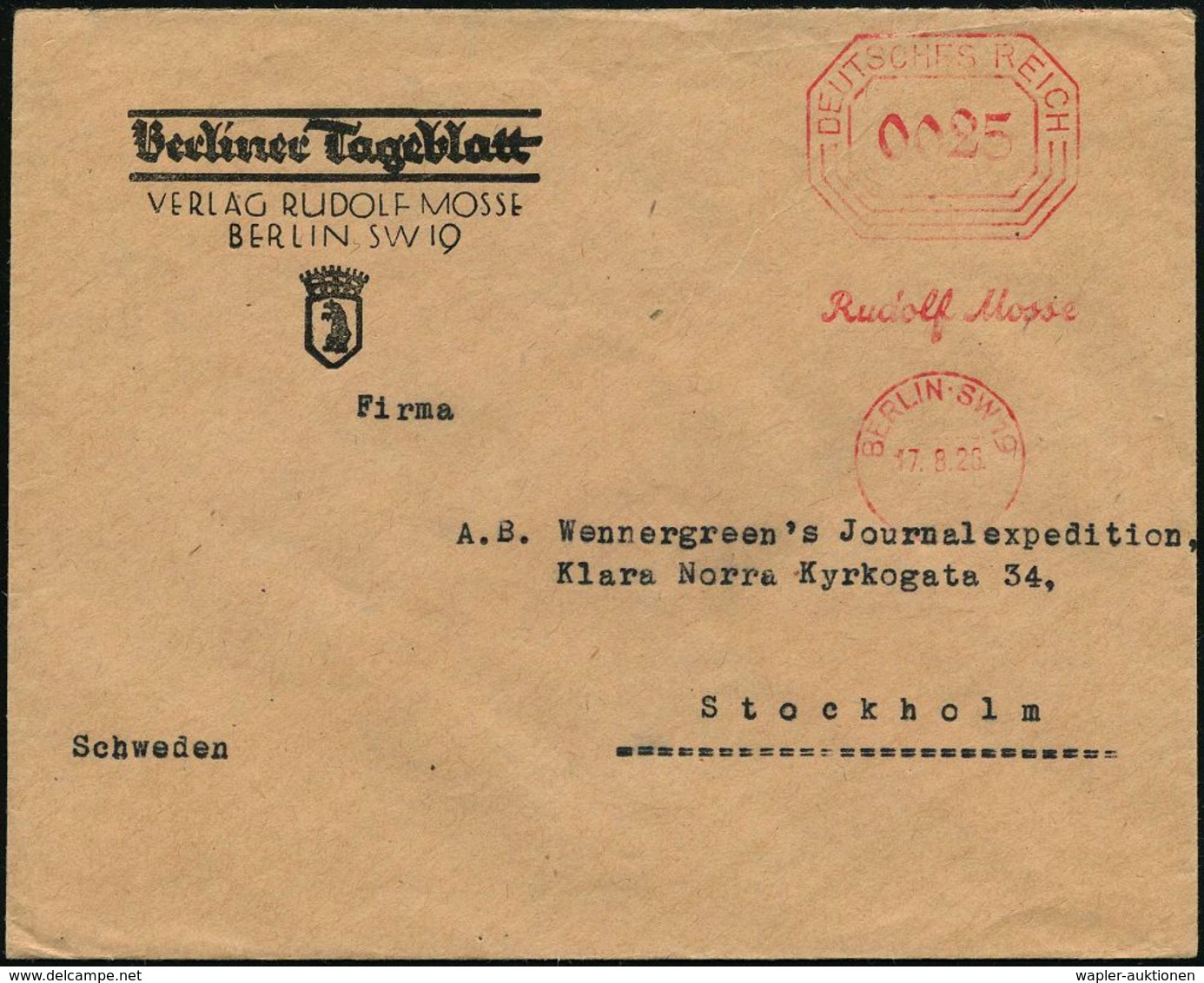 ZEITUNG / JOURNALISMUS / JOURNALISTEN : BERLIN SW 19/ Rudolf Mosse 1926 (17.8.) Früher AFS Vorläufer "Bafra" 0025 Pf. (V - Unclassified