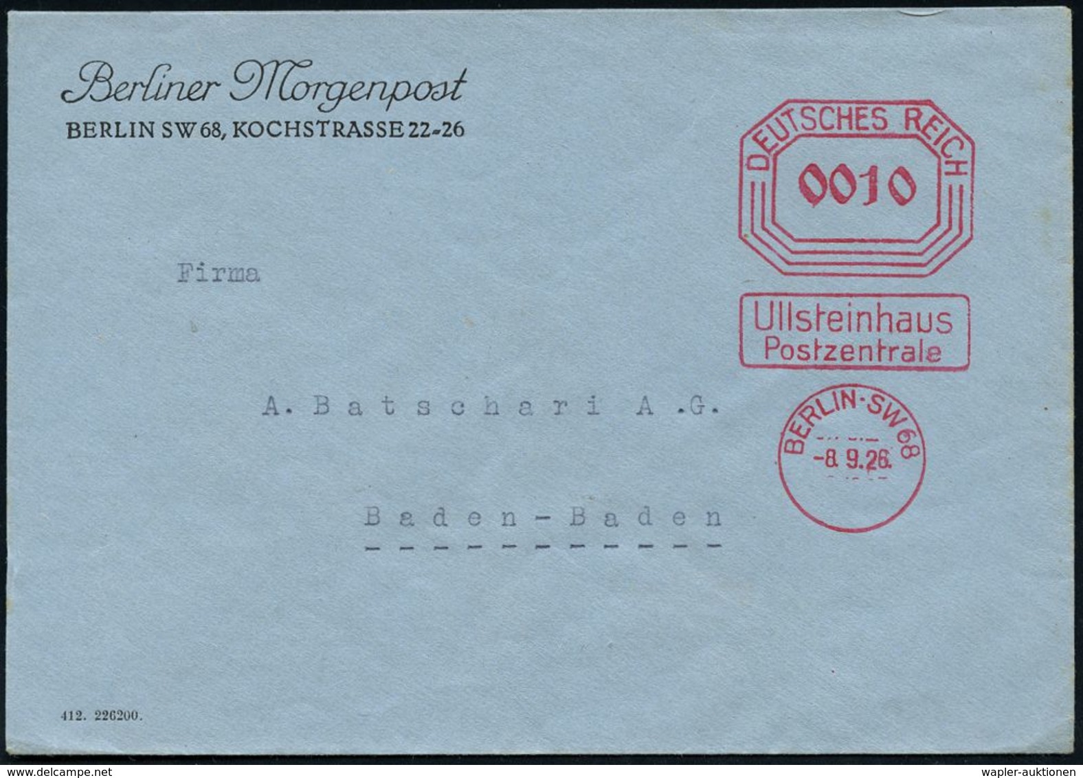 ZEITUNG / JOURNALISMUS / JOURNALISTEN : BERLIN SW 68/ Ullsteinhaus/ Postzentrale 1928 (8.9.) Früher AFS-Vorläufer "Bafra - Unclassified