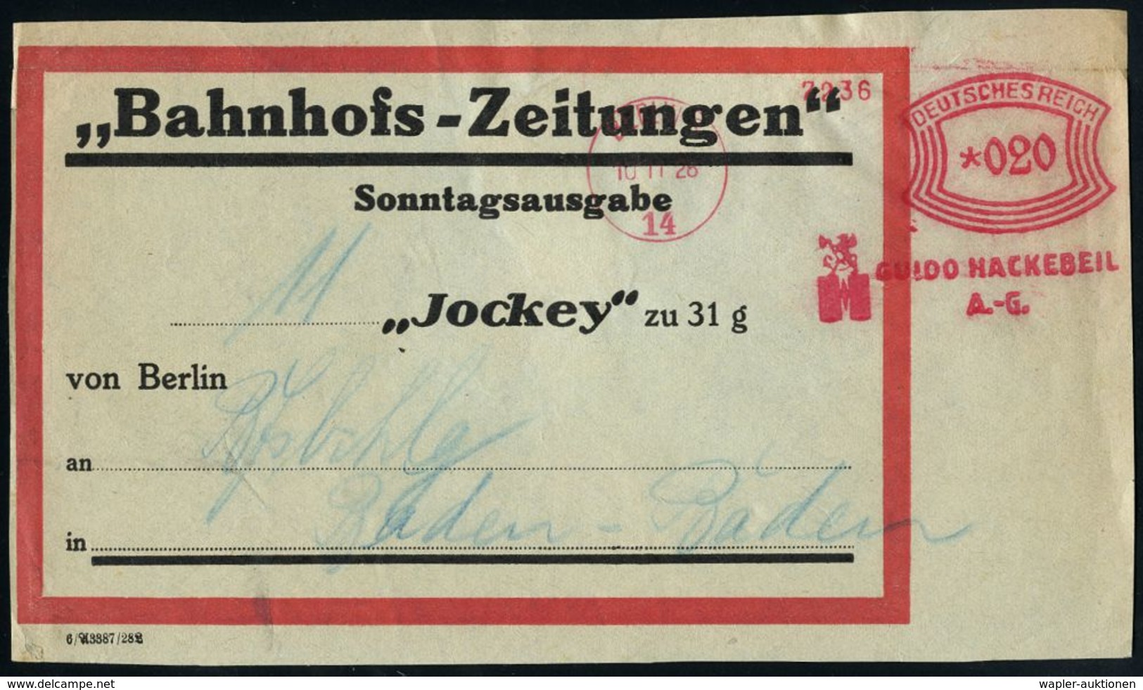 ZEITUNG / JOURNALISMUS / JOURNALISTEN : BERLIN S/ 14/ H/ GUIDO HACKEBEIL/ A.-G. 1928 (10.11.) AFS 20 Pf. (Monogr.-Logo)  - Ohne Zuordnung