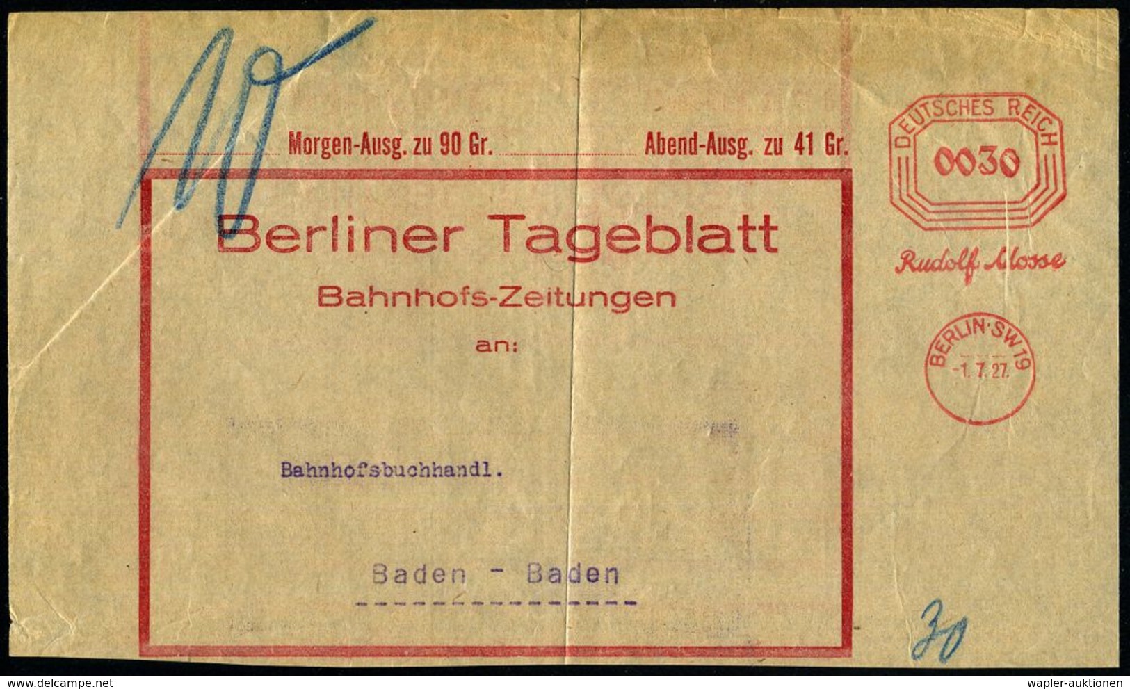 ZEITUNG / JOURNALISMUS / JOURNALISTEN : BERLIN.SW 19/ Rudolf Mosse 1927 (1.7.) AFS Vorläufer "Bafra" Mit Vertikalachse 0 - Ohne Zuordnung