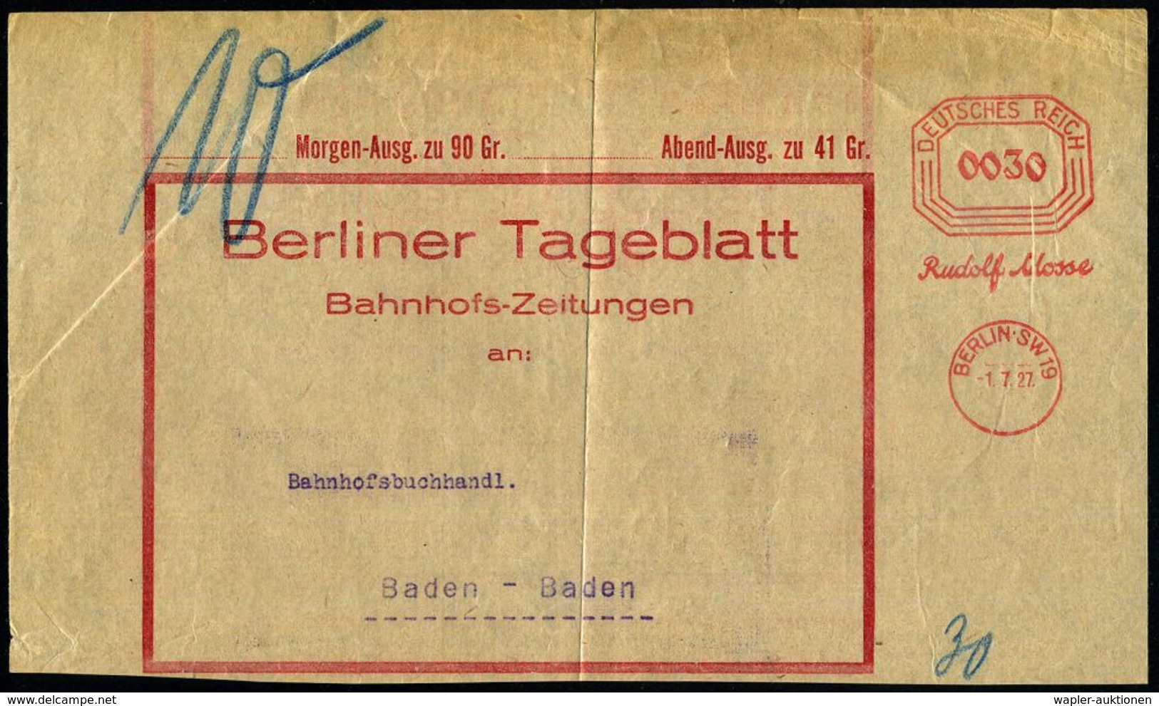 ZEITUNG / JOURNALISMUS / JOURNALISTEN : BERLIN.SW 19/ Rudolf Mosse 1927 (1.7.) AFS Vorläufer "Bafra" Mit Vertikalachse 0 - Non Classés