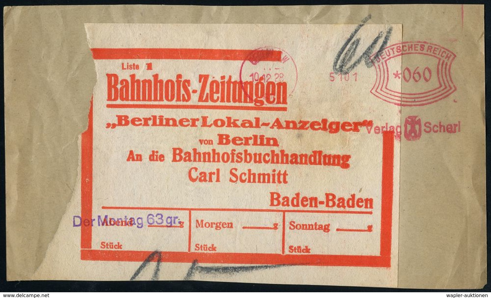 ZEITUNG / JOURNALISMUS / JOURNALISTEN : BERLIN W/ 15/ Verlag Scherl 1928 (10.12.) AFS 060 Pf. (Firmenlogo = Bär) Auf Adr - Non Classificati