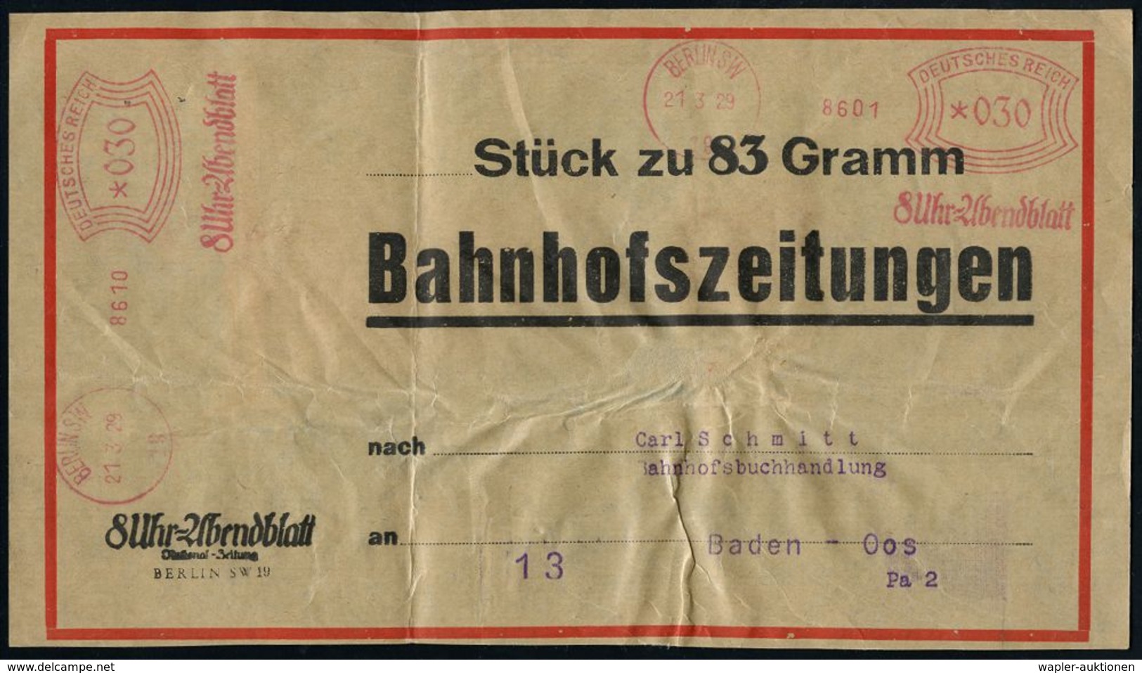 ZEITUNG / JOURNALISMUS / JOURNALISTEN : BERLIN SW/ 19/ 8 Uhr-Abendblatt 1927 (1.7.) AFS 030 Pf. + 030 Pf. (2 Abdrucke) A - Ohne Zuordnung