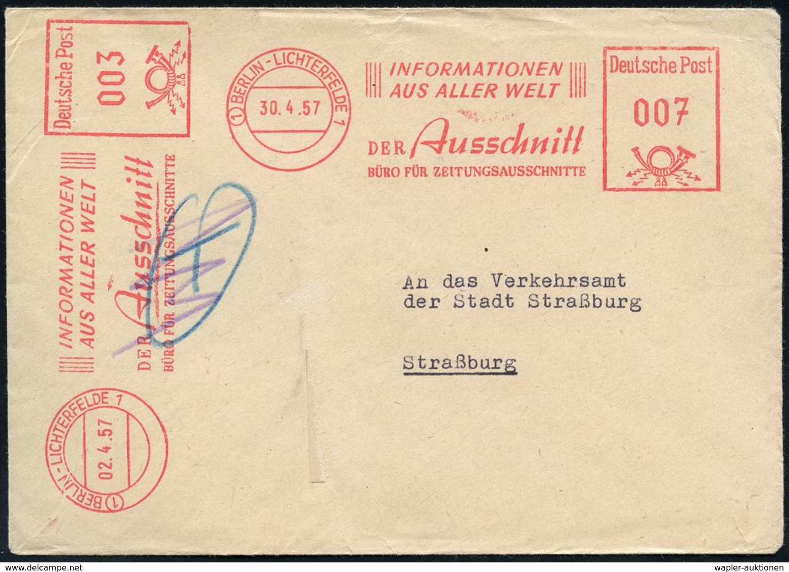 ZEITUNG / JOURNALISMUS / JOURNALISTEN : (1) BERLIN-LICHTERFELDE 1/ ..DER Ausschnitt/ BÜRO FÜR ZEITUNGSAUSSCHNITTE 1957 ( - Unclassified