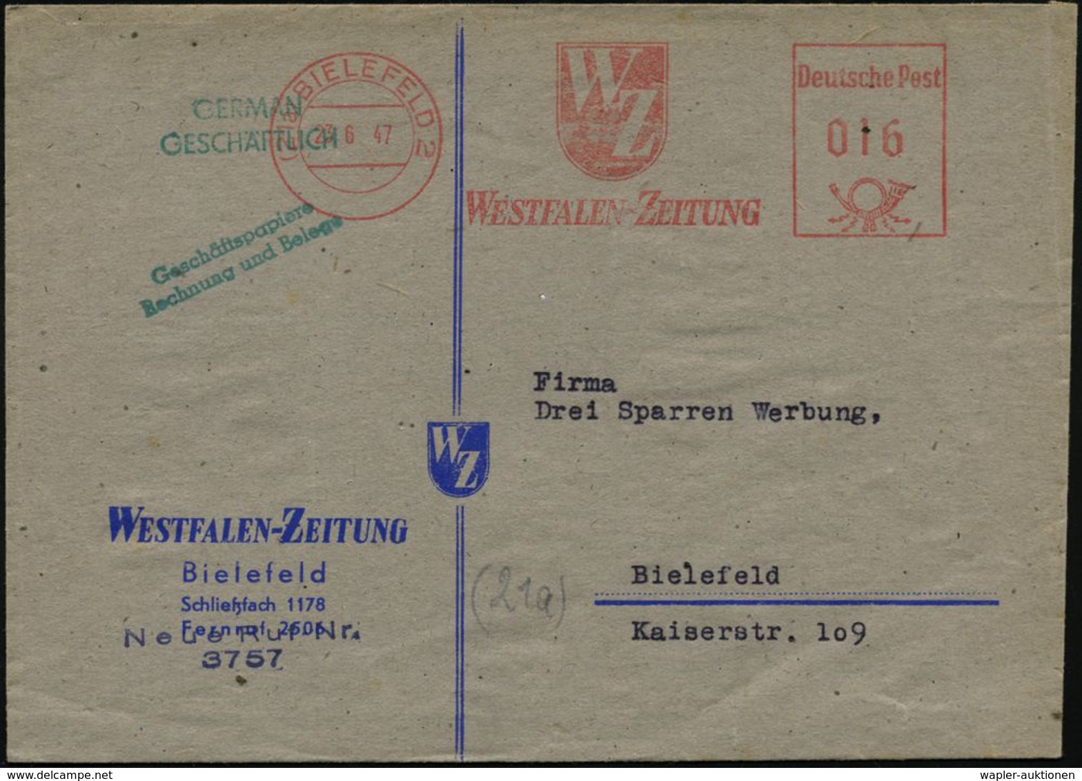 ZEITUNG / JOURNALISMUS / JOURNALISTEN : (21a) BIELEFELD 2/ WZ/ WESTFALEN-ZEITUNG 1947 (23.6.) AFS (Monogr.-Logo) Motivgl - Ohne Zuordnung