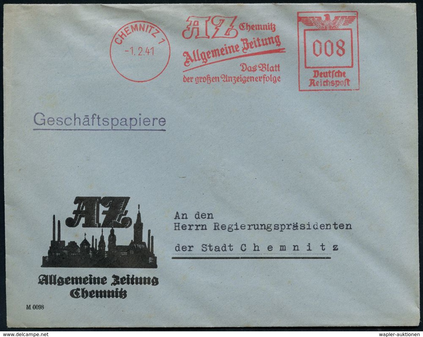 ZEITUNG / JOURNALISMUS / JOURNALISTEN : CHEMNITZ 1/ AZ/ ..Allgemeine Zeitung.. 1941 (1.2.) AFS Klar Auf Dekorativem Rekl - Non Classés