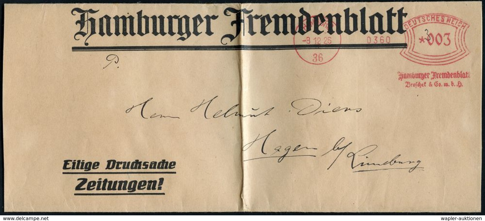 ZEITUNG / JOURNALISMUS / JOURNALISTEN : HAMBURG/ 36/ Hamburger Fremdenblatt/ Broschek & Co.m.b.H. 1926 (8.12.) Früher AF - Non Classés