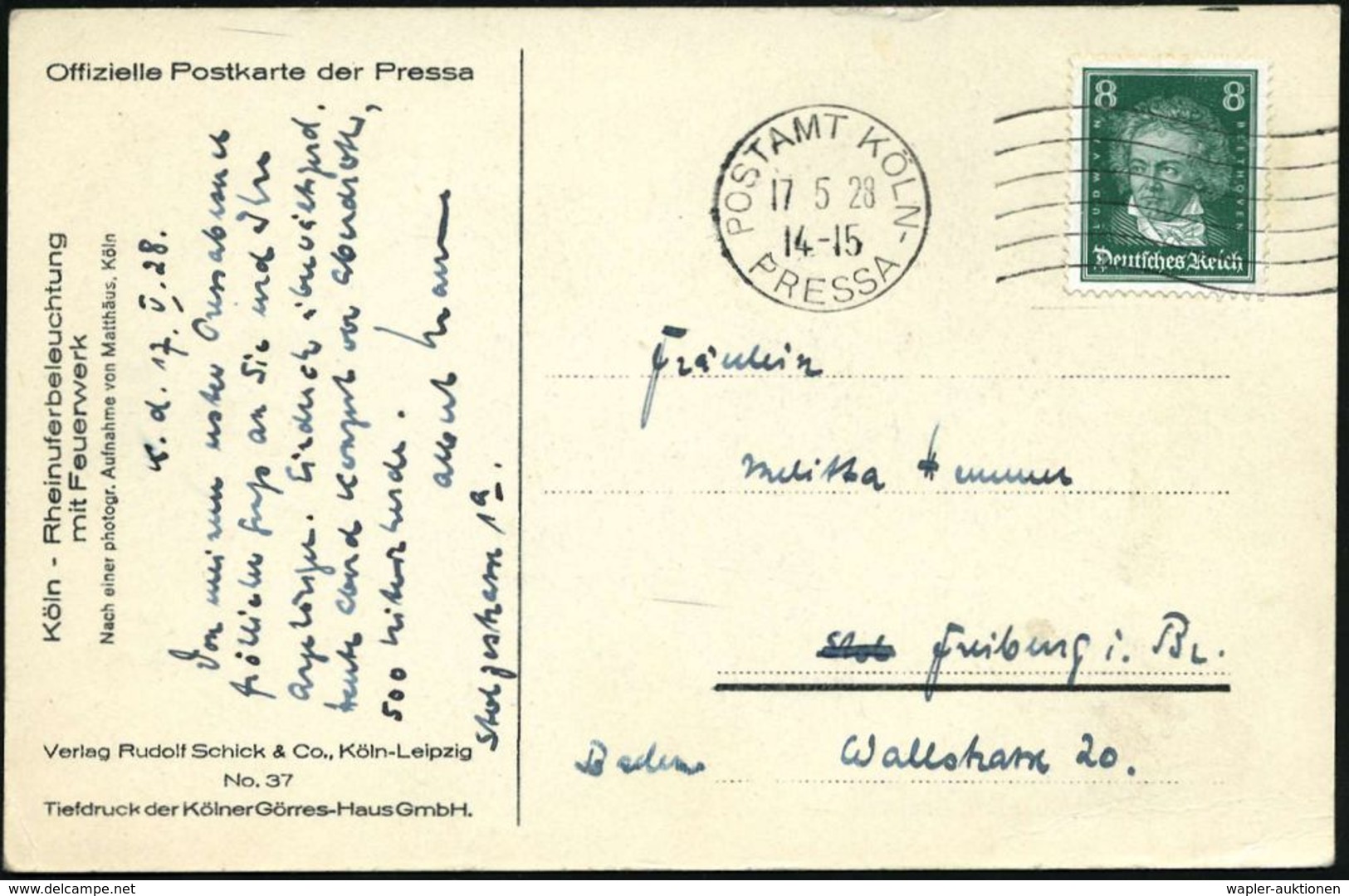 ZEITUNG / JOURNALISMUS / JOURNALISTEN : KÖLN POSTAMT/  PRESSA 1928 (17.5.) Seltener MWSt, Sonderform + 6 Wellen (rechts) - Ohne Zuordnung