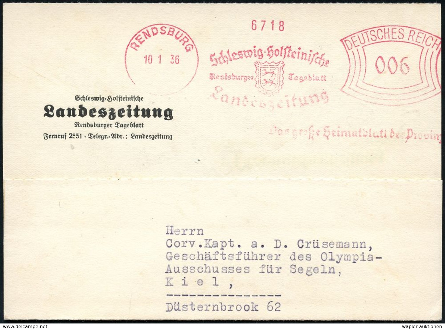 ZEITUNG / JOURNALISMUS / JOURNALISTEN : RENDSBURG/ Schleswig-Holst./ Landeszeitung/ Rendsburger Tageblatt.. 1936 (10.1.) - Ohne Zuordnung