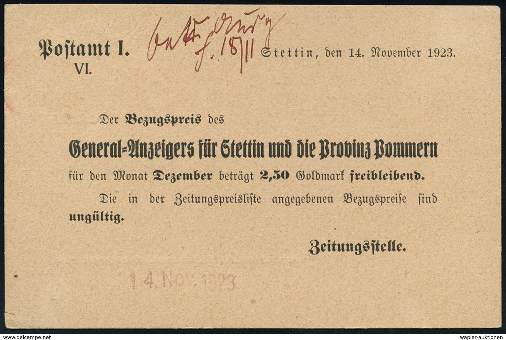 ZEITUNG / JOURNALISMUS / JOURNALISTEN : STETTIN 1/ *I*/ DEUTSCHES REICH 1923 (14.11.) PFS Achteck "DEUTSCHES REICH" 2000 - Non Classés