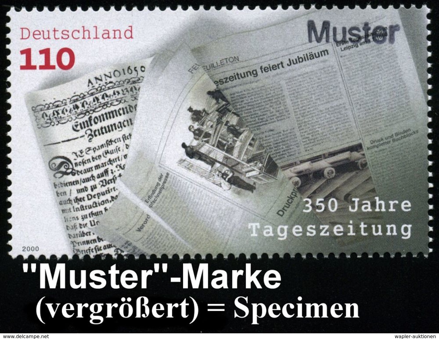 ZEITUNG / JOURNALISMUS / JOURNALISTEN : B.R.D. 2000 (Juni) 110 Pf. "350 Jahre Tageszeitungen" Mit Amtl. Handstempel  "M  - Non Classés