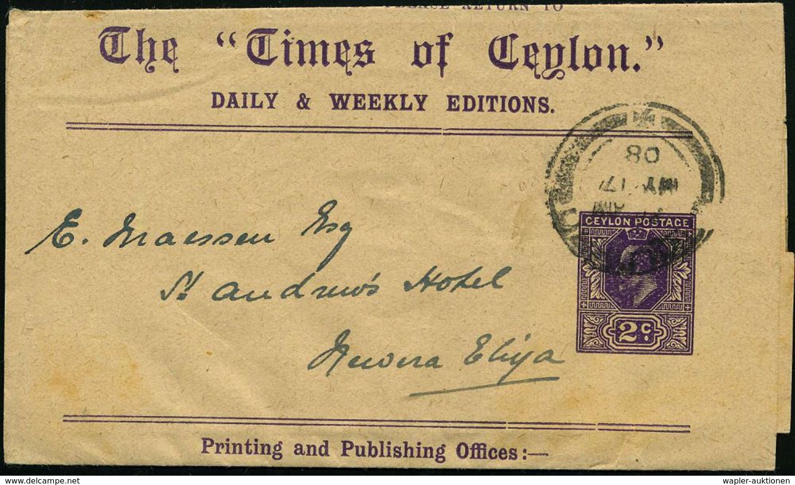 ZEITUNG / JOURNALISMUS / JOURNALISTEN : CEYLON 1908 (17.5.) Privat-Zeitungs-SB 2 C. Edward VII. Lila: The "Times Of Ceyl - Unclassified