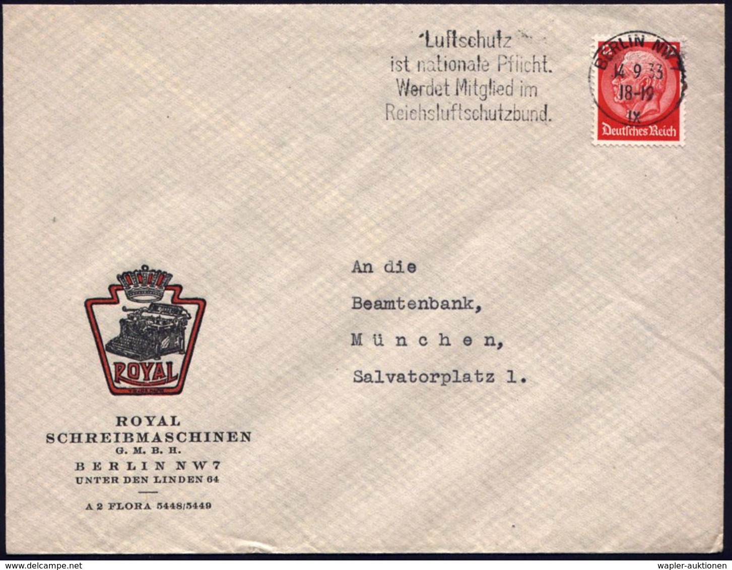 BÜRO / SCHREIBGERÄTE / SCHREIBMASCHINE : Berlin NW 7 1933 (14.9.) Zweifarbiger Reklame-Bf.: ROYAL SCHREIBMASCHINEN (Kron - Unclassified
