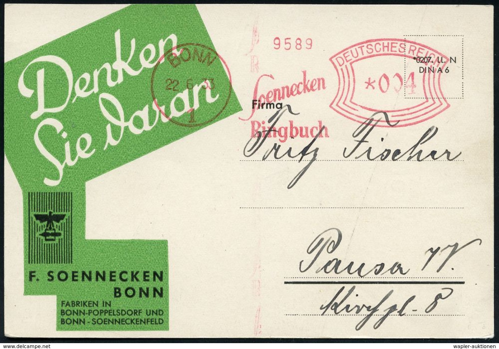 BÜRO / SCHREIBGERÄTE / SCHREIBMASCHINE : BONN/ 1/ Soennecken/ Ringbuch 1933 (22.6.) AFS Auf Dekorat. Reklame-Kt.: Ringbu - Non Classés