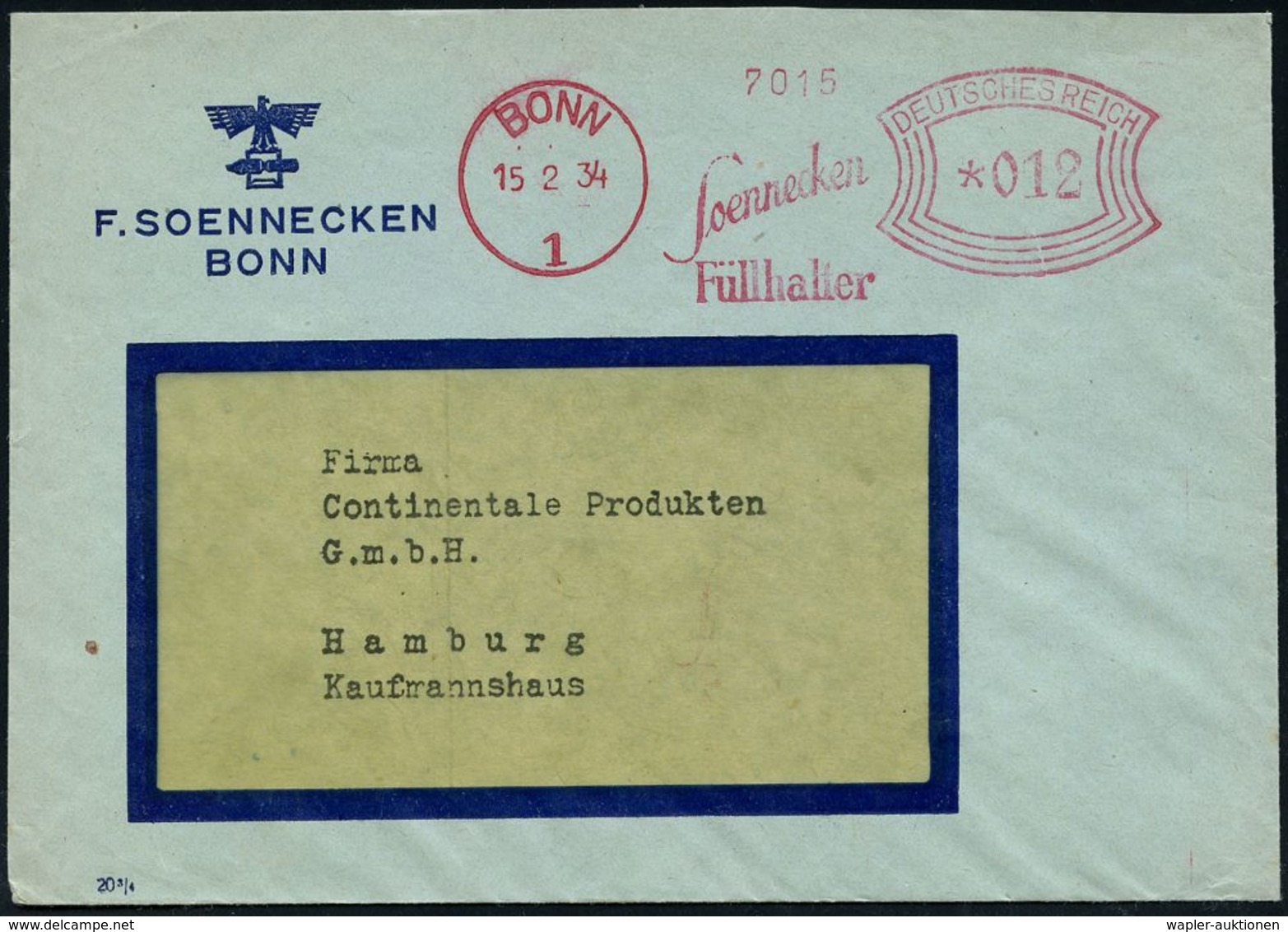 BÜRO / SCHREIBGERÄTE / SCHREIBMASCHINE : BONN/ 1/ Soennecken/ Füllhalter 1934 (15.2.) AFS Auf Firmen-Bf. (Logo) + Inhalt - Unclassified