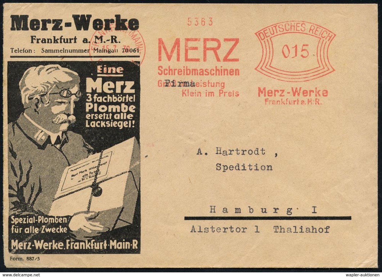 BÜRO / SCHREIBGERÄTE / SCHREIBMASCHINE : FRANKFURT(MAIN)-/ RÖDELHEIM/ MERZ/ Schreibmaschinen../ Merz-Werke 1930 (15.7.)  - Ohne Zuordnung