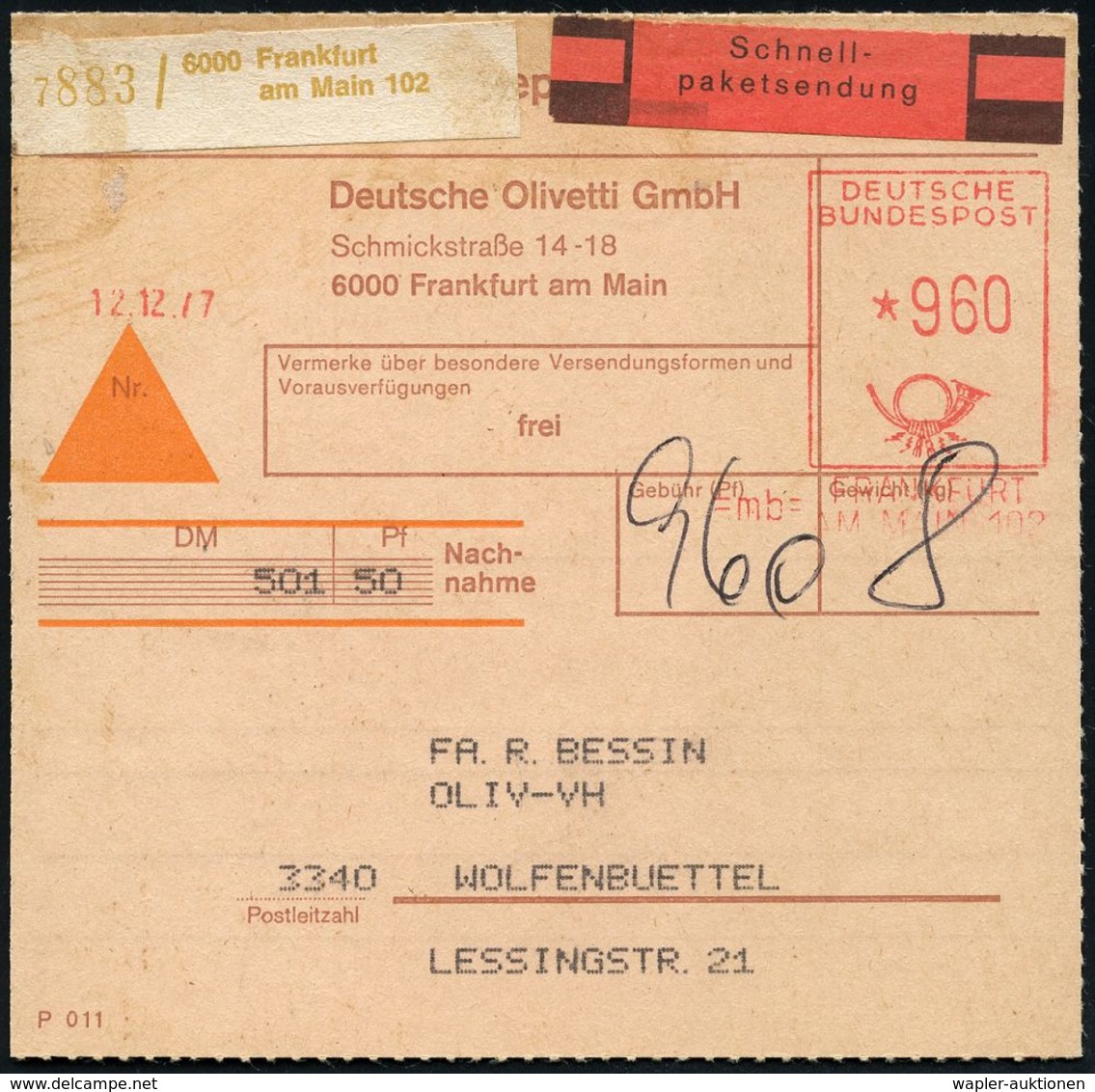 BÜRO / SCHREIBGERÄTE / SCHREIBMASCHINE : FRANKFURT/ AM MAIN 102 1977 (12.12.) Paket-FS *960 Pf. + Brauner Paketzettel: 6 - Ohne Zuordnung