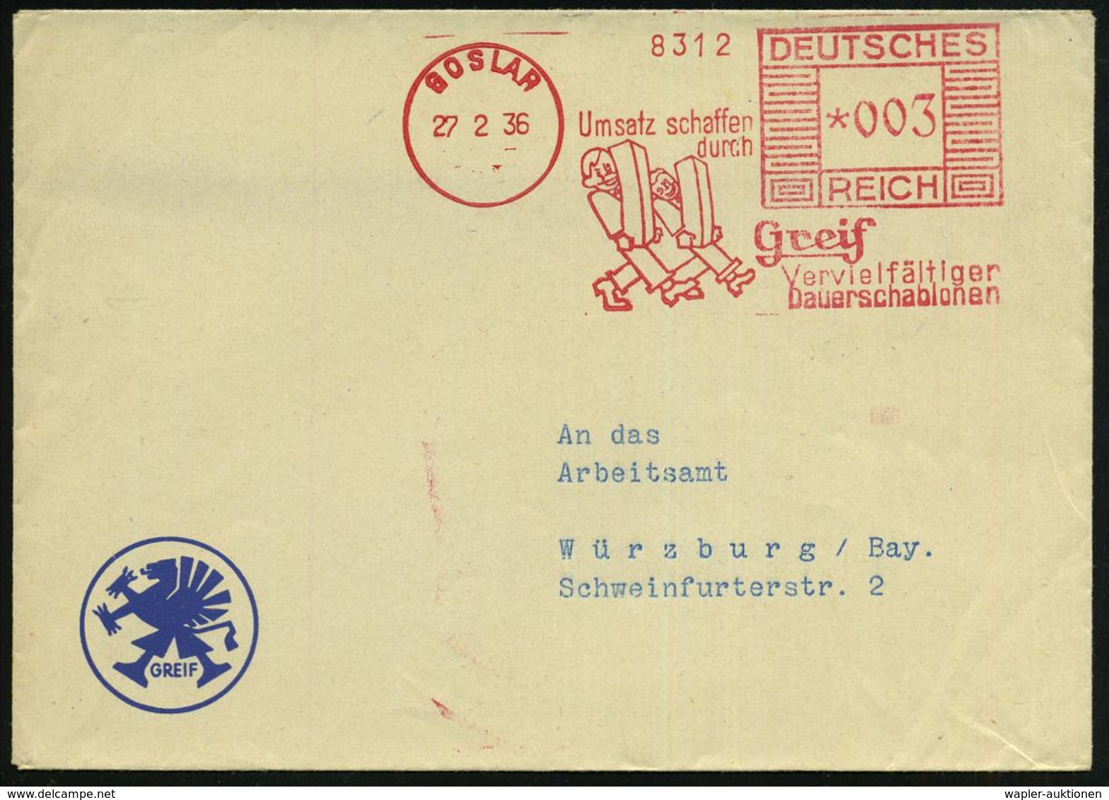 BÜRO / SCHREIBGERÄTE / SCHREIBMASCHINE : GOSLAR/ ..Greif/ Vervielfältiger/ Dauerschablonen 1935 (27.2.) AFS = 2 Büroange - Ohne Zuordnung