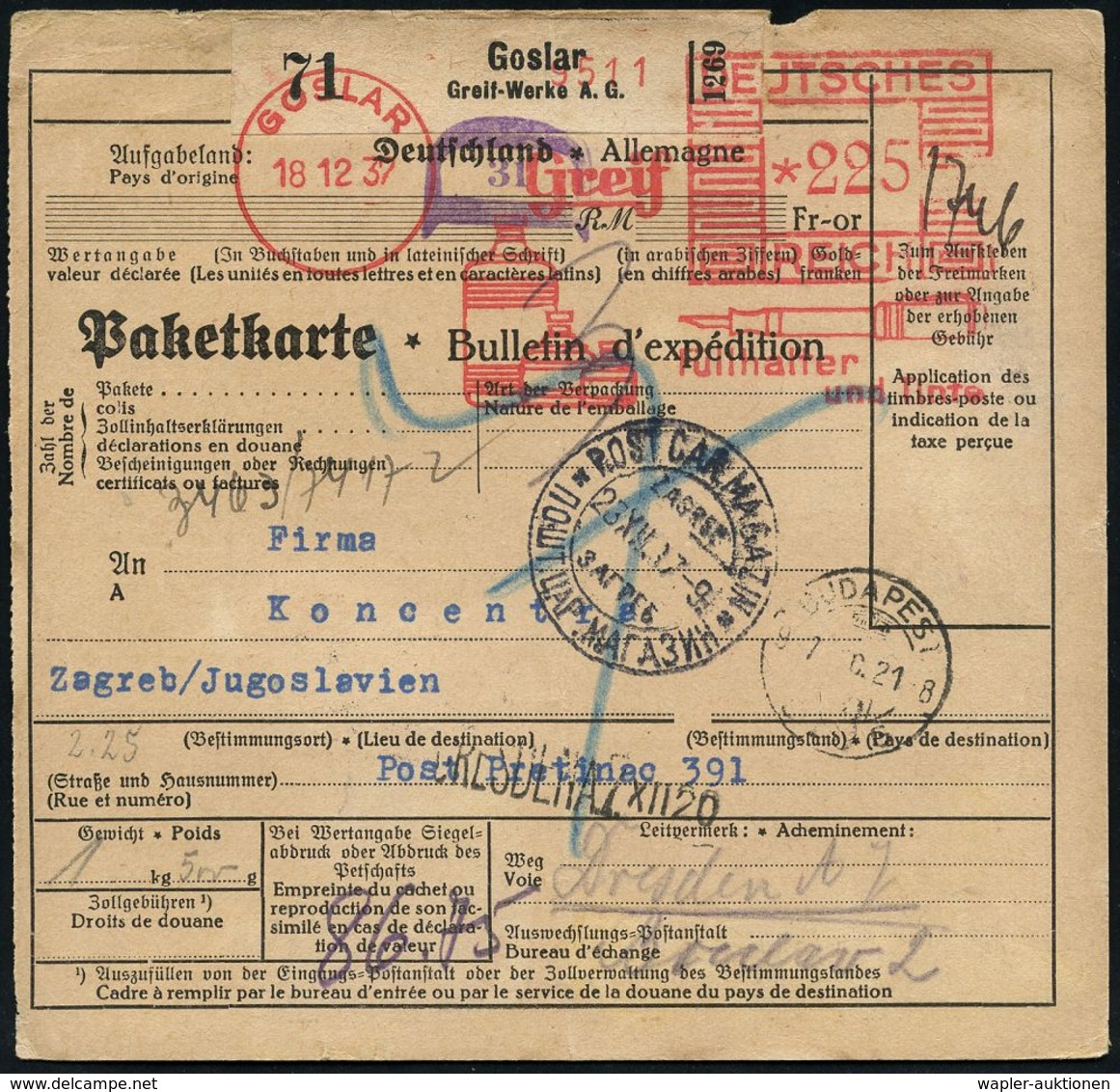 BÜRO / SCHREIBGERÄTE / SCHREIBMASCHINE : GOSLAR/ Greif/ Füllhalter/ U.Tinte 1936 (30.3.) AFS *225 Pf. = Tintenfässer, Fü - Ohne Zuordnung