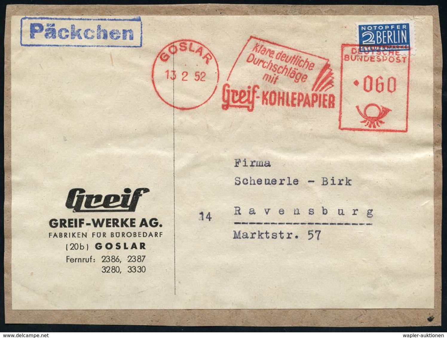 BÜRO / SCHREIBGERÄTE / SCHREIBMASCHINE : GOSLAR/ Klare../ Durchschläge/ Mit/ Greif-KOHLEPAPIER 1952 (13.2.) AFS 060 Pf.  - Non Classés