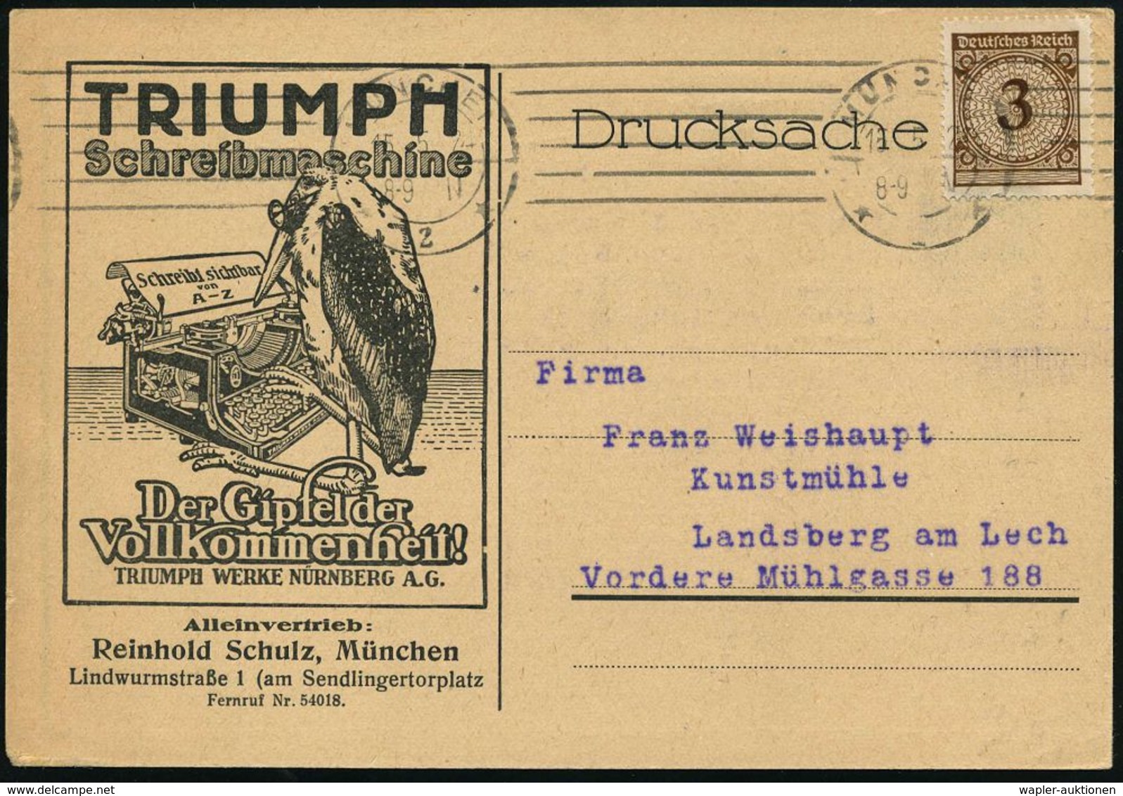 BÜRO / SCHREIBGERÄTE / SCHREIBMASCHINE : MÜNCHEN/ *2* 1924 (15.5.) Bd.Ma-StrichSt. Aufmonochromer Reklame-Kt: TRIUMPH Sc - Unclassified