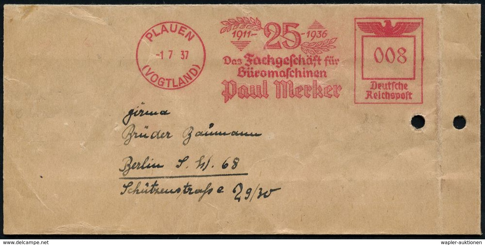 BÜRO / SCHREIBGERÄTE / SCHREIBMASCHINE : PLAUEN/ (VOGTLAND)/ 1911 25 1936/ Das Fachgeschäft Für/ Büromaschinen/ Paul Mer - Ohne Zuordnung